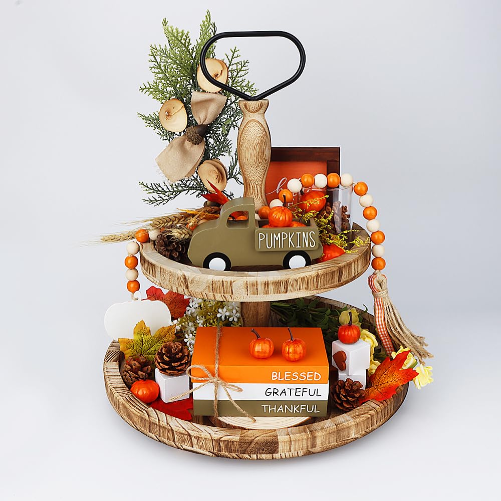 AKEROCK Fall Table Decor, Farmhouse Wooden Fall Signs with Book Stack, 3D Truck and 5 Individual Pumpkins for Tiered Tray, Coffee Bar, Shelf and Mantle Decor - Fall Decorations for Home