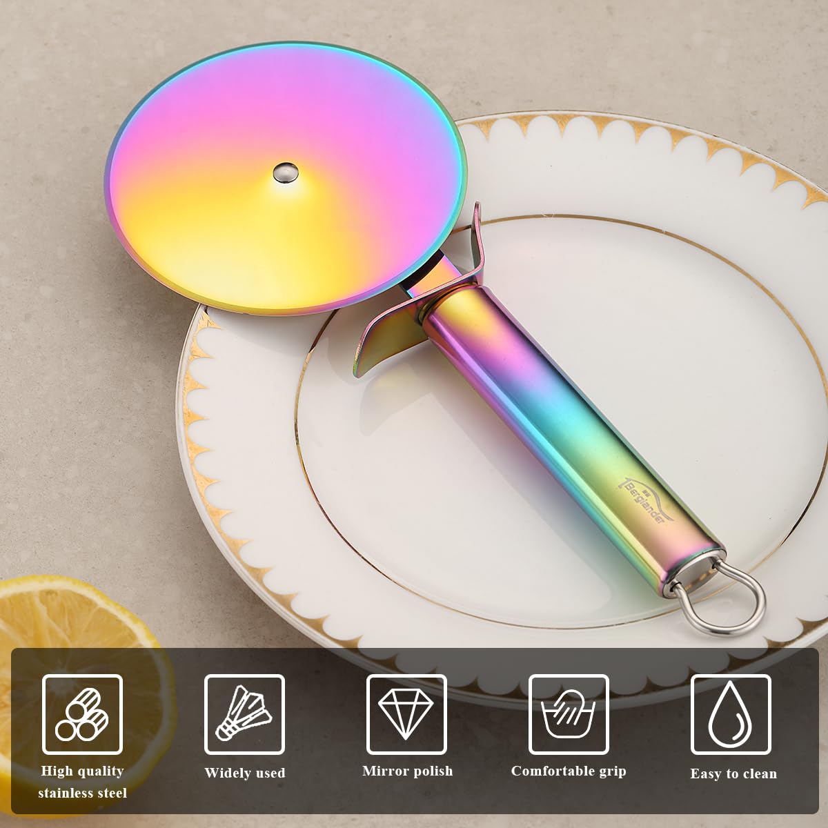 Berglander Pizza Wheel, Rainbow Titanium Plating Stainless Steel Pizza Cutter, Super Sharp Pizza Slicer With Titanium Colorful Plating, Pastry Cutter, Easy to Clean And Stored