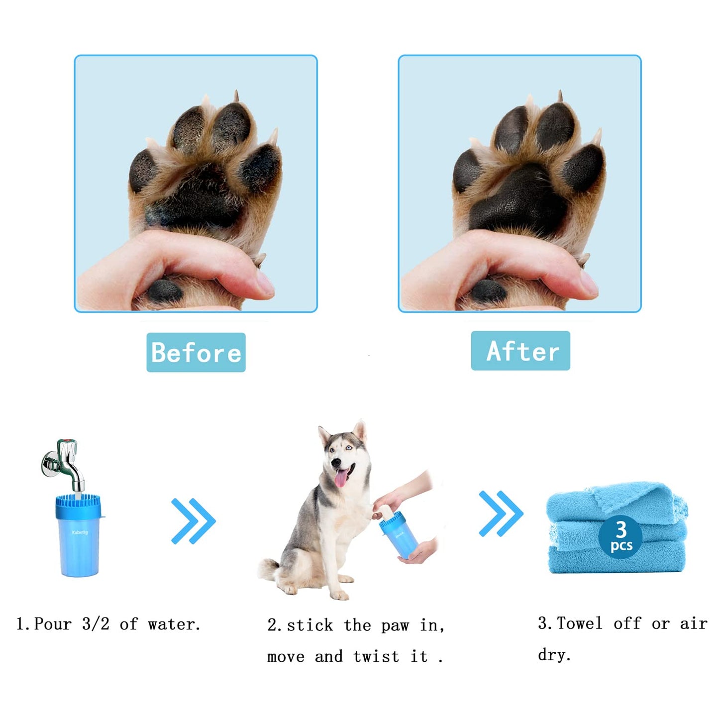 Kabetig Dog Paw Cleaner & Washer for Large/Extra Large Breeds - Muddy Paws Easy Cleaning Cup for Big Dogs - Includes 3 Absorbent Towels(Blue)