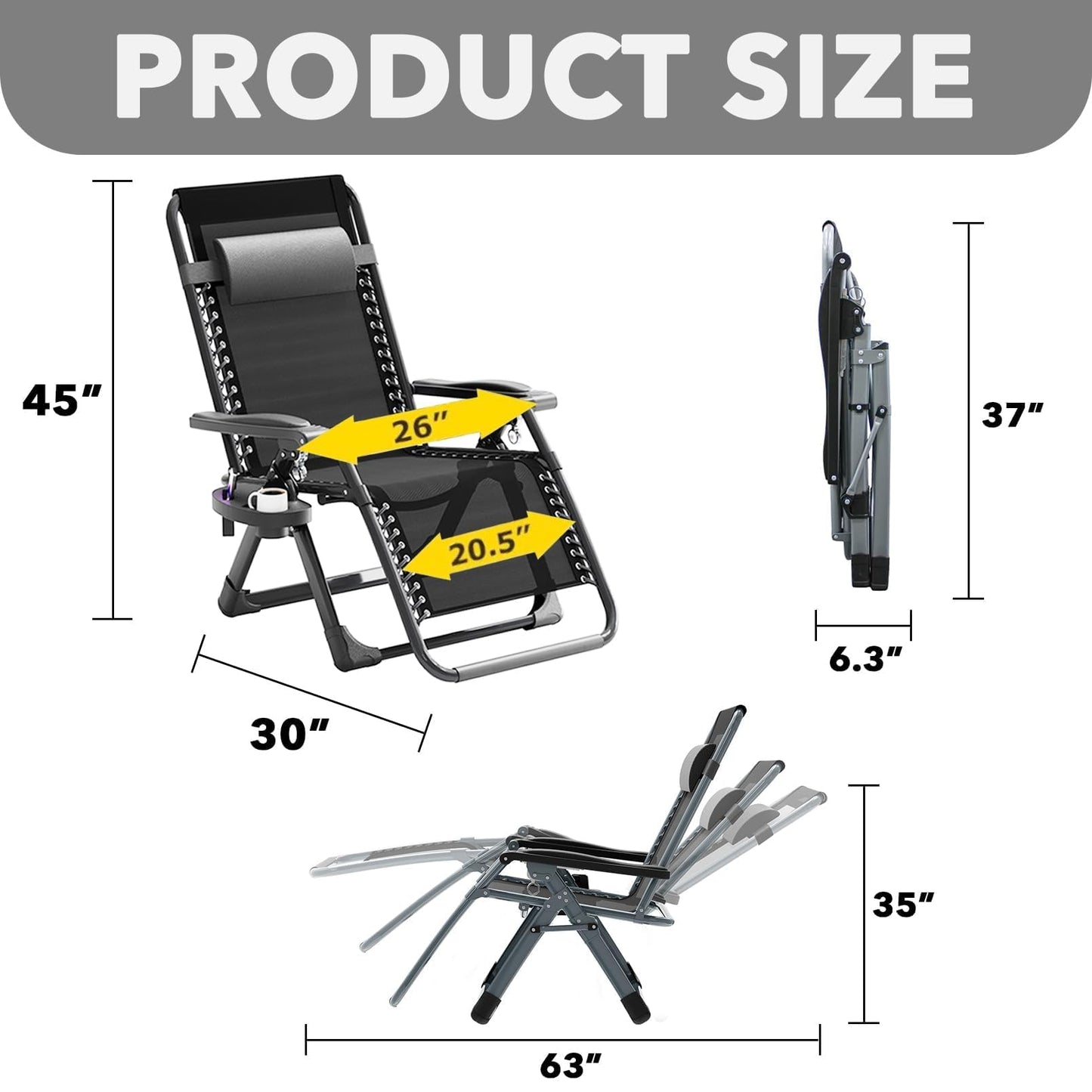 Seeutek Outdoor Zero Gravity Chair - Adjustable Steel Mesh Folding Recliner with Removable Extra Thick Cushion and Upgraded Lock and Cup Holder for Patio, Camping, Indoor, Outdoor - Grey