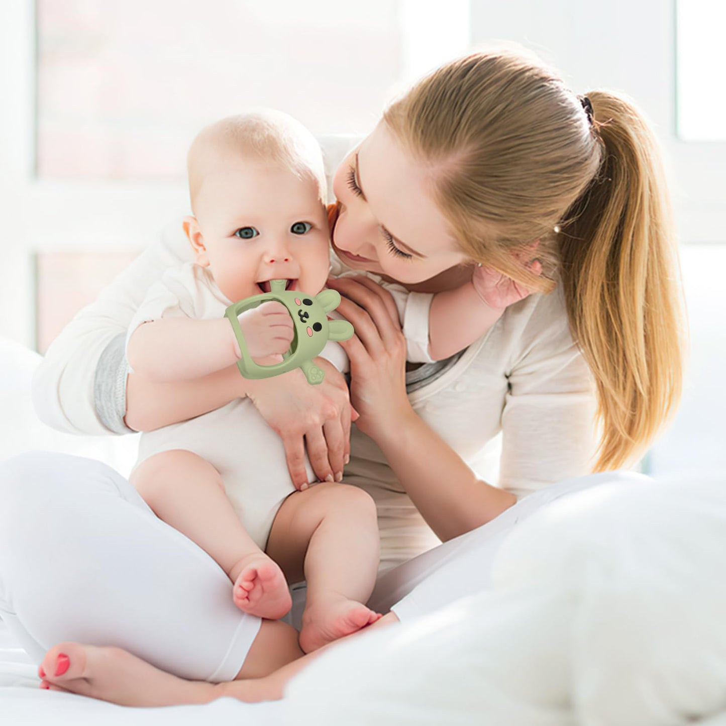 2 Pack Baby Teething Toy for 3-6 6-12 Months, Silicone Bunny Teething Mitten, Anti Drop Wrist Hand Baby Teethers 0 3 6 9 12 Months for Babies Sucking Needs (Light Pink & Green)