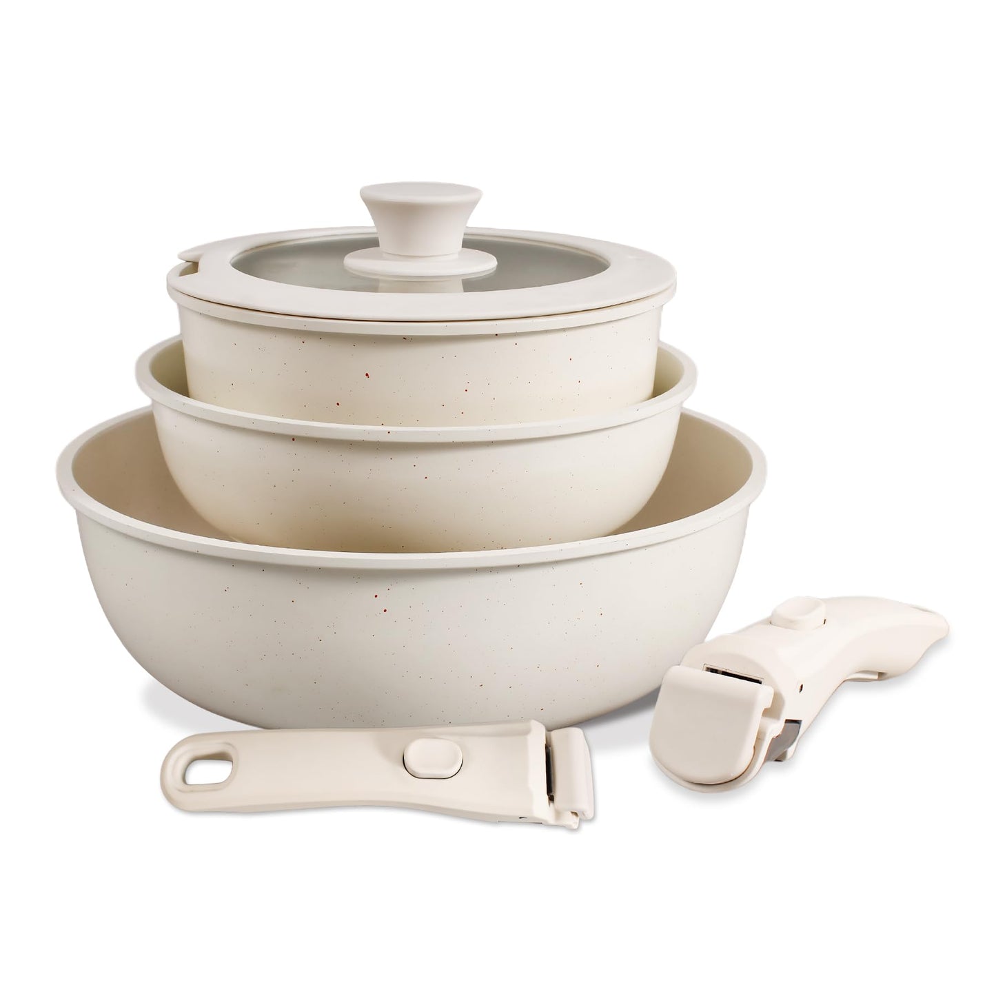 Zalnuuk 6 PCs pots and pans set non stick, Nonstick Kitchen Cookware Set, 2 Detachable/Removable Handles, Induction RV Kitchen Set, Oven Safe, Cream White