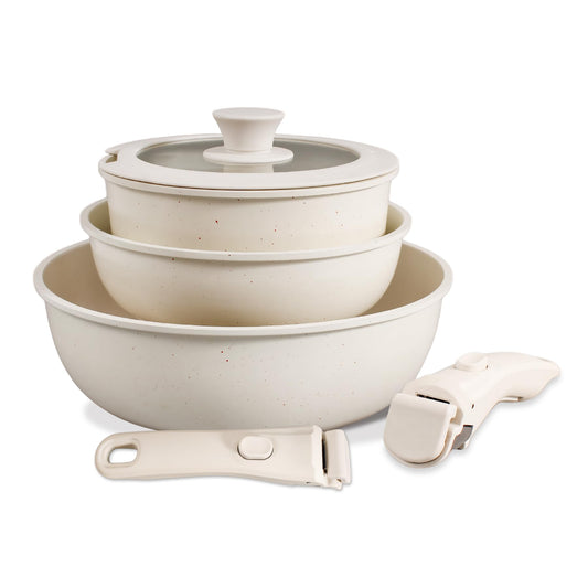 Zalnuuk 6 PCs pots and pans set non stick, Nonstick Kitchen Cookware Set, 2 Detachable/Removable Handles, Induction RV Kitchen Set, Oven Safe, Cream White