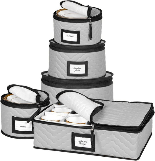 China Storage Containers 5-Piece Set Moving Boxes for Dinnerware, Glasses, Plates, Mugs and Saucers Sturdy Quilted Microfiber Dish Organizer with Dividers for Seasonal Storage - Gray