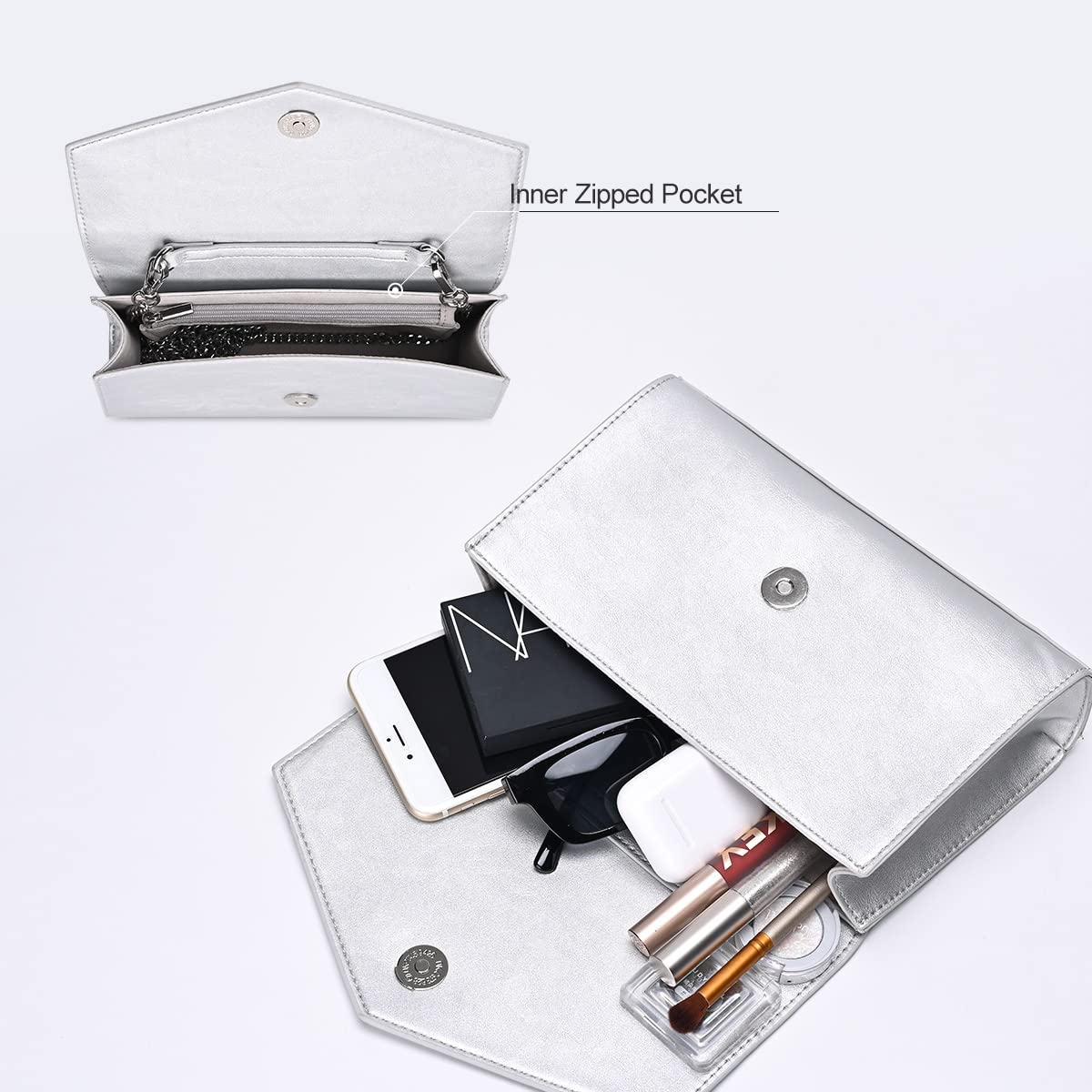 GM LIKKIE Clutch Purse for Women, Evening Envelope Clutch Bag, Crossbody Foldover PU Leather Shoulder Handbag (Silver)
