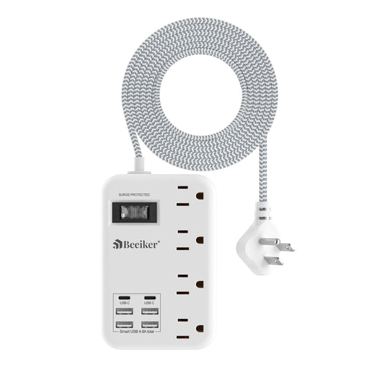 6 USB(2 USB C) Surge Protector Power Strip- 5Ft Travel Power Strip with 4.8A USB Charging Station and 4 Extendable Outlet, 13A Flat Plug Braided Extension Cord with Wall Mount for Travel Office Dorm