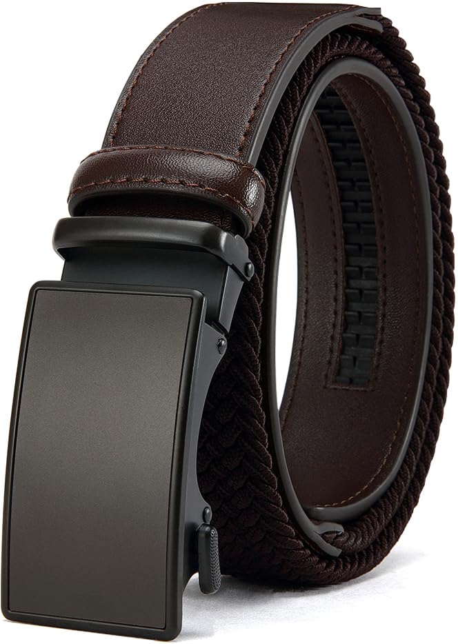 Men's Elastic Leather Ratchet Belt, Braided Stretch Belt, casual Fabric Belt, Design Width 1 3/8" for golf pants jeans