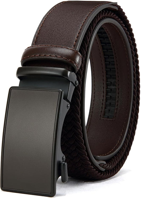 Men's Elastic Leather Ratchet Belt, Braided Stretch Belt, casual Fabric Belt, Design Width 1 3/8" for golf pants jeans