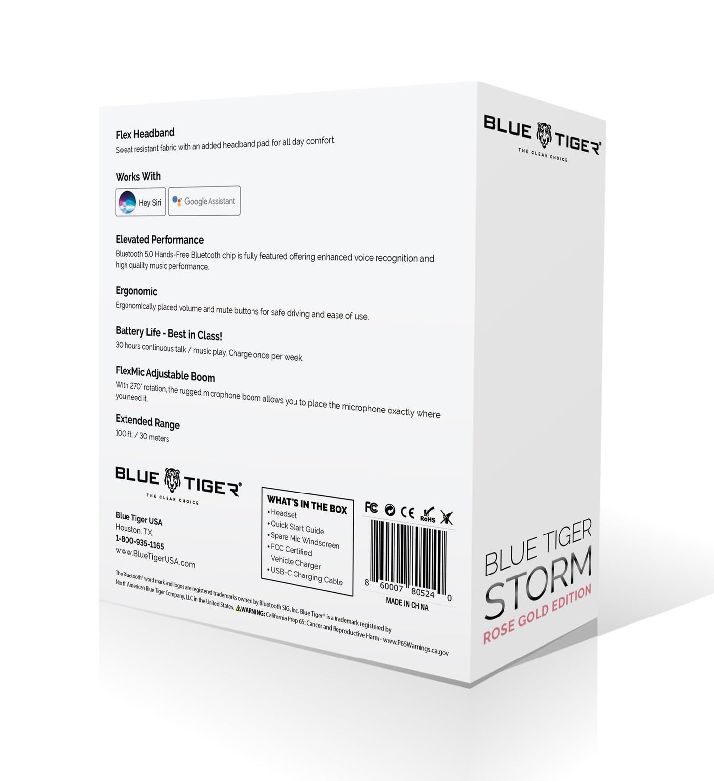 Blue Tiger Storm Rose Gold - Premium Trucker Bluetooth Headset-Wireless Noise Canceling Mono Headset with Mic -High-Fidelity Sound, 30-Hour Talk Time, USB-C Charging - For Truck Drivers, Bluetooth 5.0