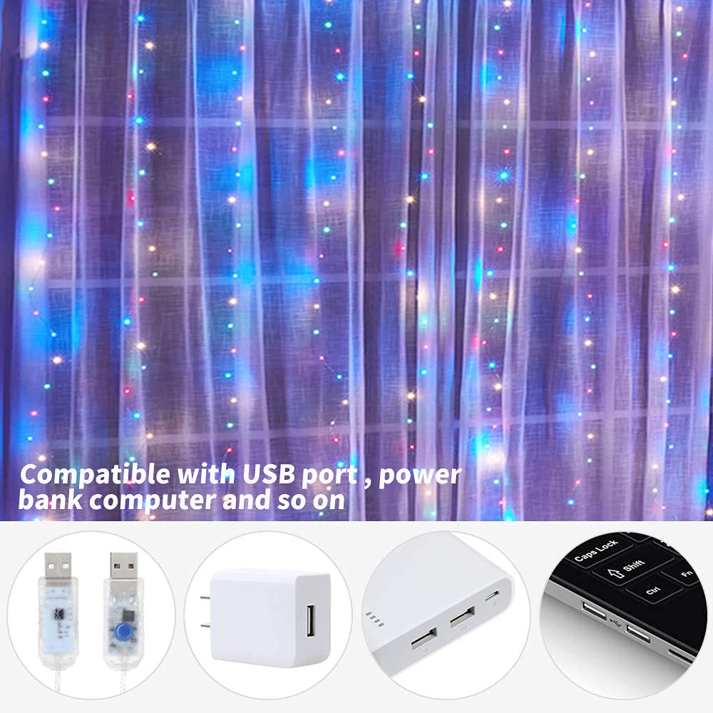 Honche 300Led Cuttable Curtain String Lights 10x10ft with Remote Window Lights for Bedroom Wedding Party Festive Season Propose Marriage (Colorful)