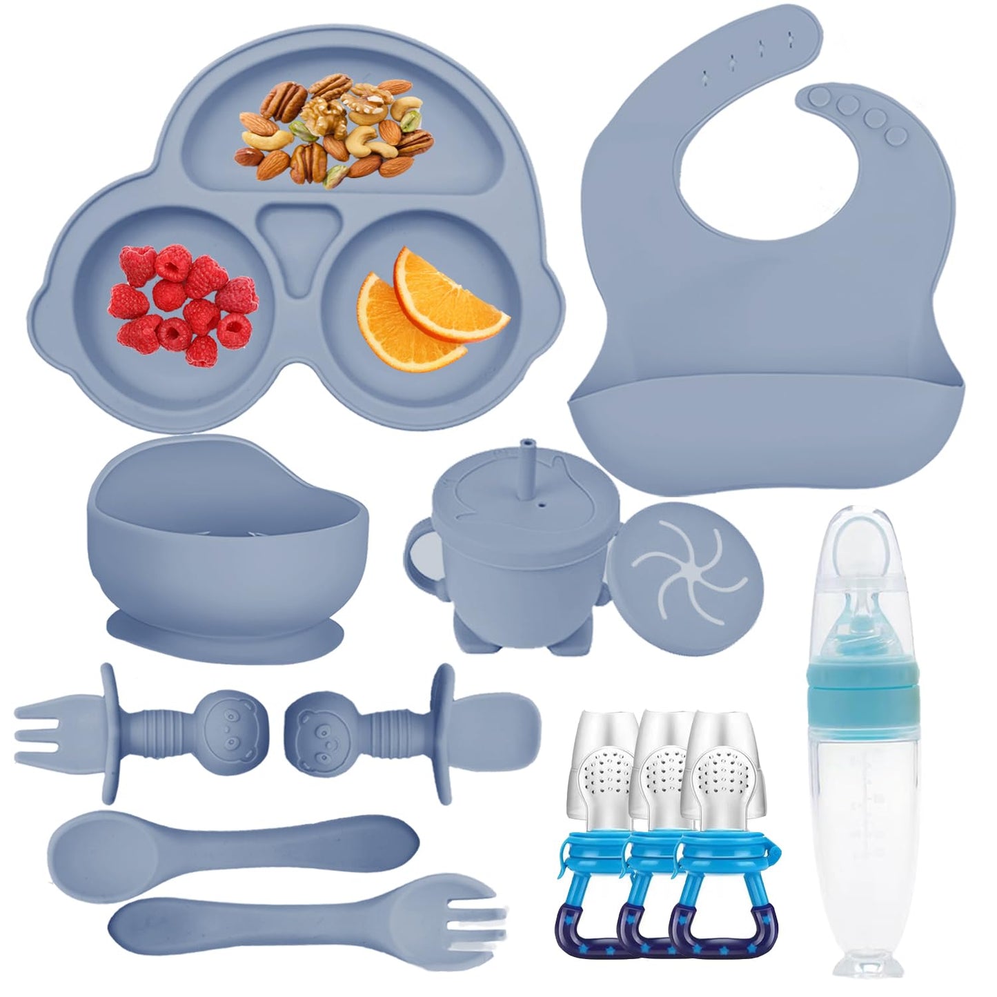 Silicone Baby Feeding Set,Miicasa Baby Led Weaning Supplies Kit With Suction Bowl & Car Plate, Bib, Spoon, Fork, Cup - Food-Grade Silicone, Dishwasher-Safe, No BPAs - For 3+ Months
