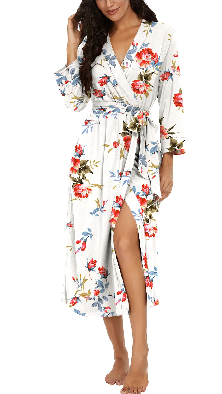 VINTATRE Women Kimono Robes Long Knit Bathrobe Lightweight Soft Knit Sleepwear V-neck Casual Ladies Loungewear FP-White-X-Large