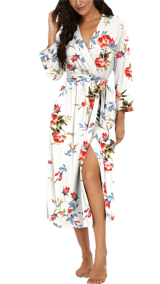 VINTATRE Women Kimono Robes Long Knit Bathrobe Lightweight Soft Knit Sleepwear V-neck Casual Ladies Loungewear FP-White-X-Large