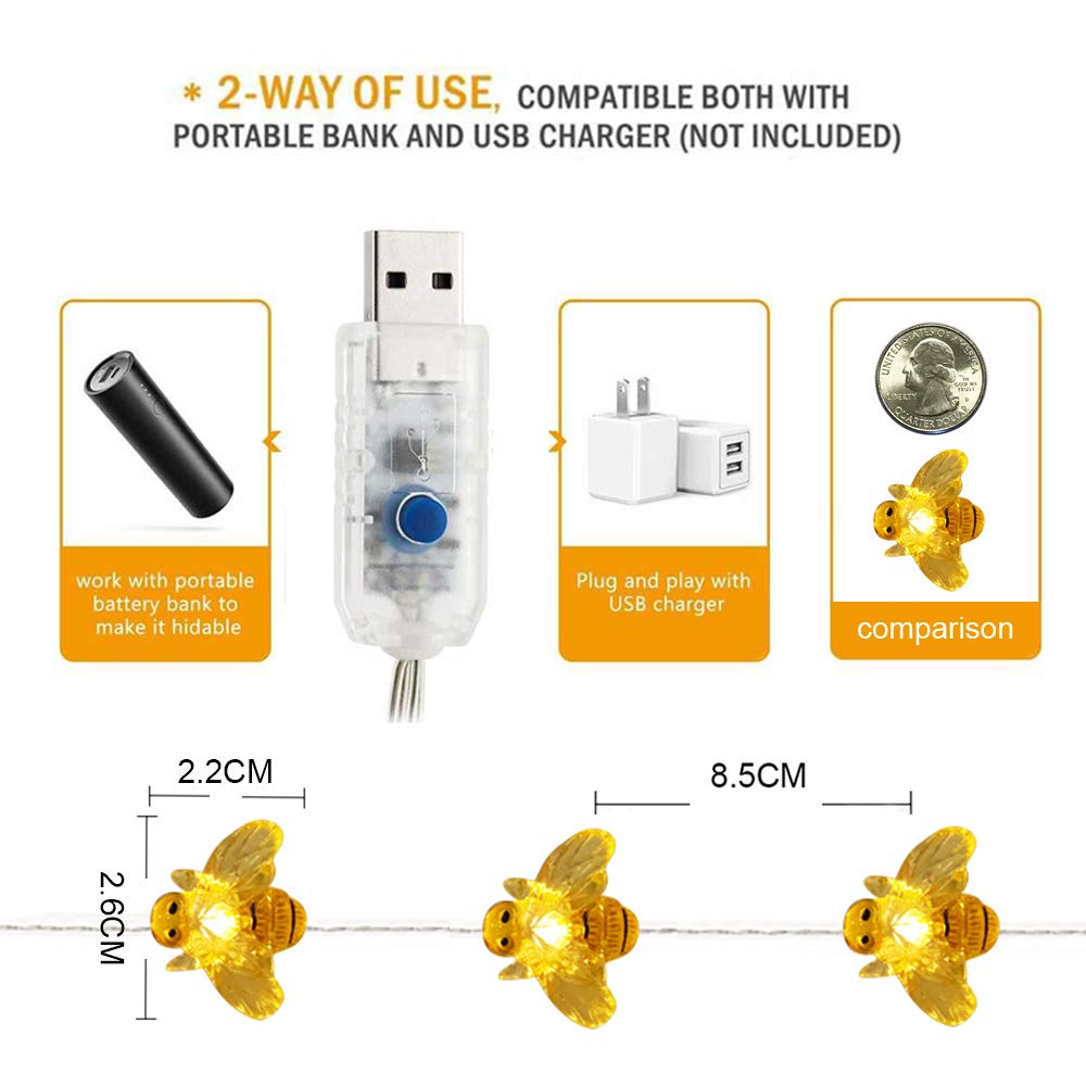 WSgift Honeybee Decorative String Lights, 18.7 Ft 40 LED USB Plug-in Copper Wire Bee Fairy Lights for Various Decoration Projects (Warm White, Remote Control with Timer)
