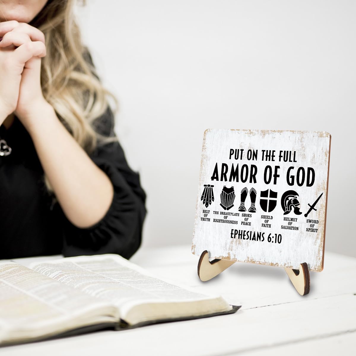 Inspirational Christian Wood Sign Rustic Religious Bible Verse Desk Decor Decorative Faith Jesus Decorations for Home Cave Men Room Decor Office Accessories Table Shelf Wooden Plaque with Wood Stand