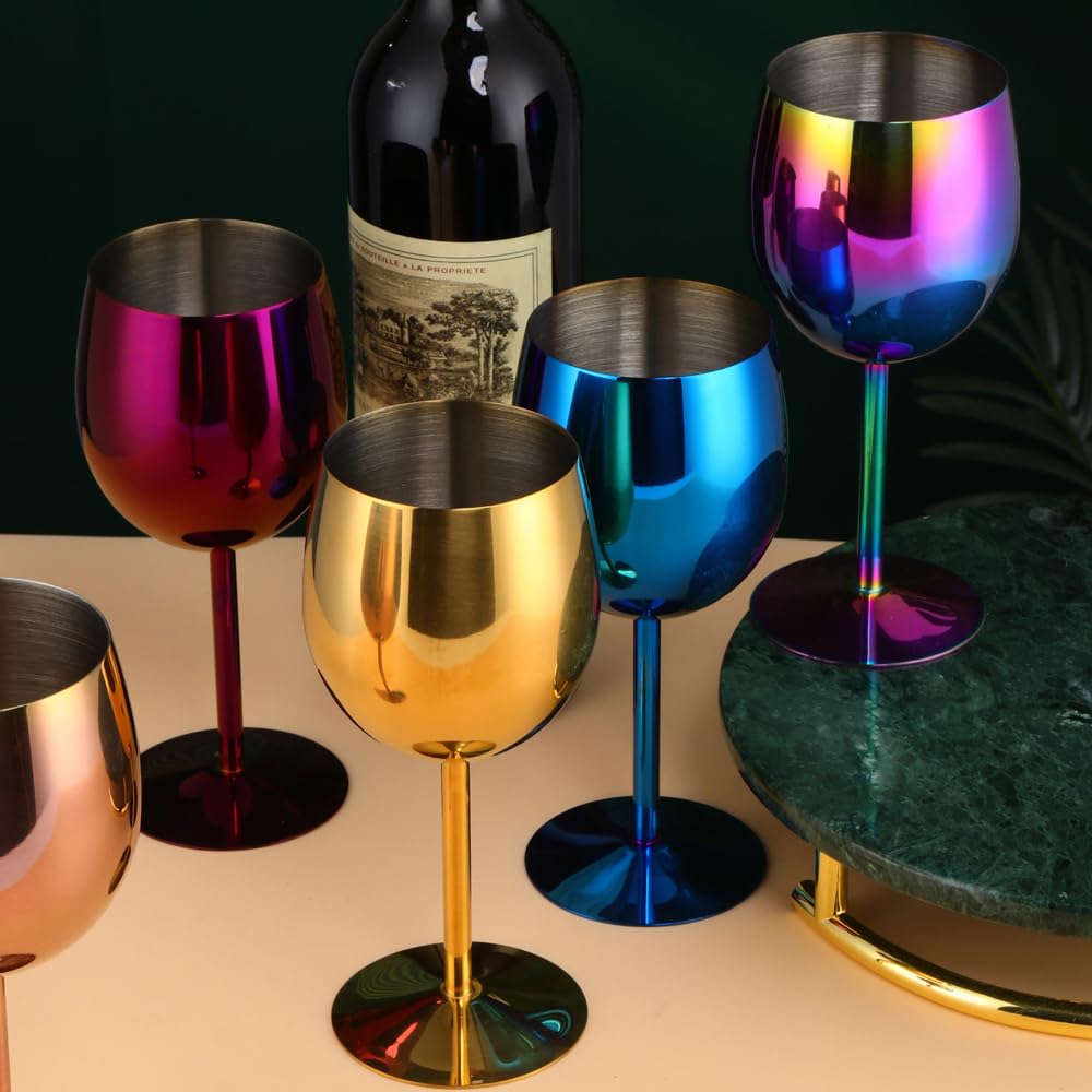 DOCBLACK Unbreakable Wine Glasses set Stainless Steel Red White Wine Goblet Metal 11.8 oz(350 ml) Fancy Unique Glasses for Wine Lovers Gifts Champagne Cocktail Tall Glasses Colorful(Rainbow 1-Piece)