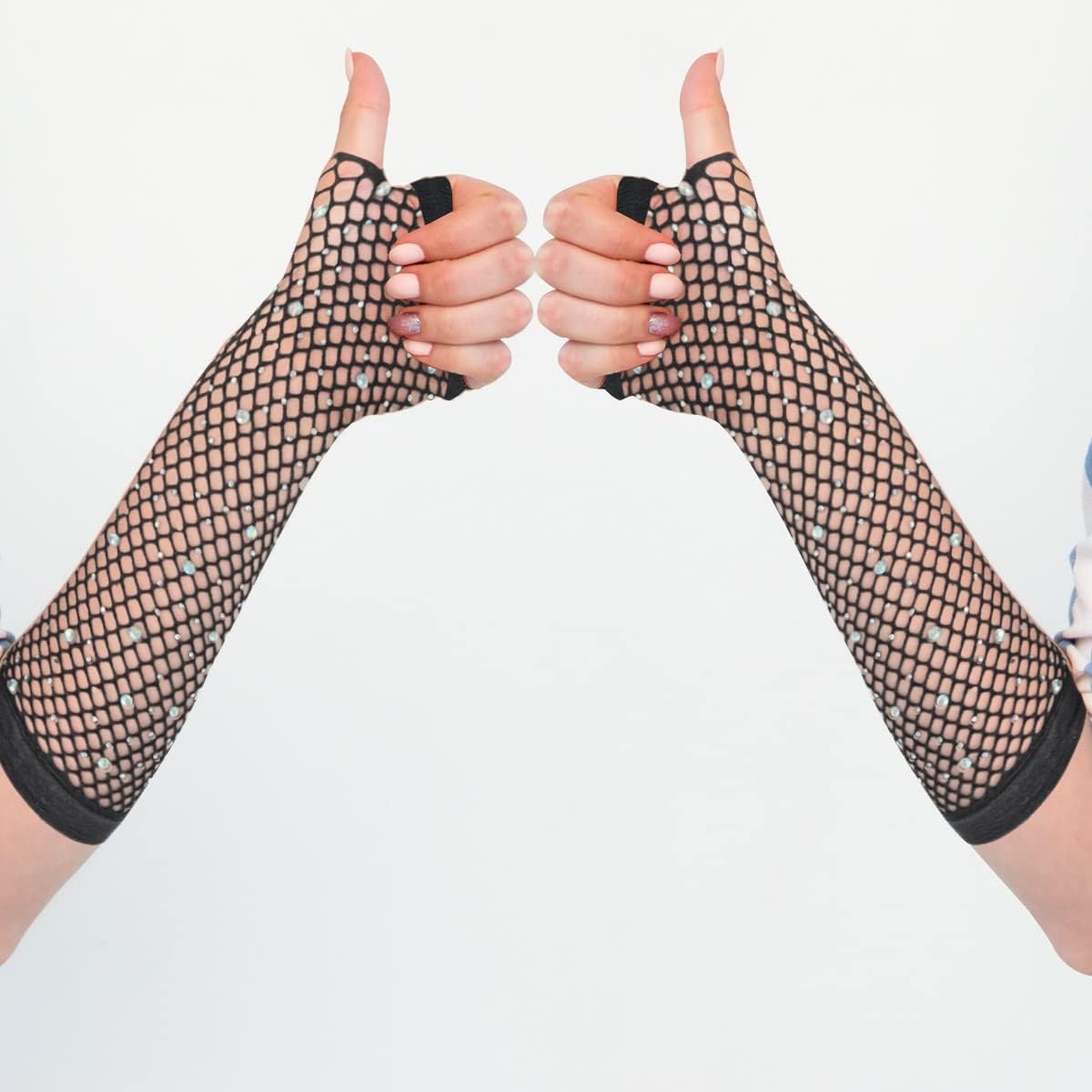 Rhinestone Fingerless Arm Fishnet Gloves Women's Long Fishnet Mesh Gloves for Women Girls Fish Net Arm Sleeve 80s Party Costume Halloween Accessories
