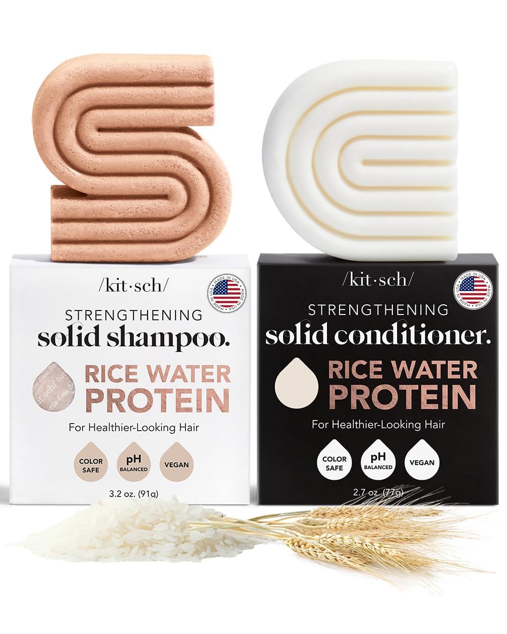 Kitsch Rice Water Shampoo & Conditioner Set - Solid Shampoo & Conditioner Bar with Protein for Strengthening Hair & Damage Repair - Paraben, Sulfate and Silicone Free - Nourishing Hair Care - 2 pack
