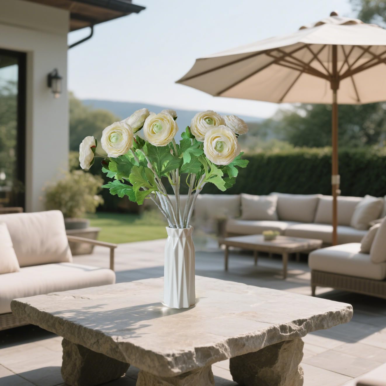 NMAIYA Ranunculus Artificial Flowers 6Pcs White Faux Flowers Silk Ranunculus with Stems Realistic Indoor Flowers for Home Table Decor Wildflowers Floral Arrangement(20In,Cream White)