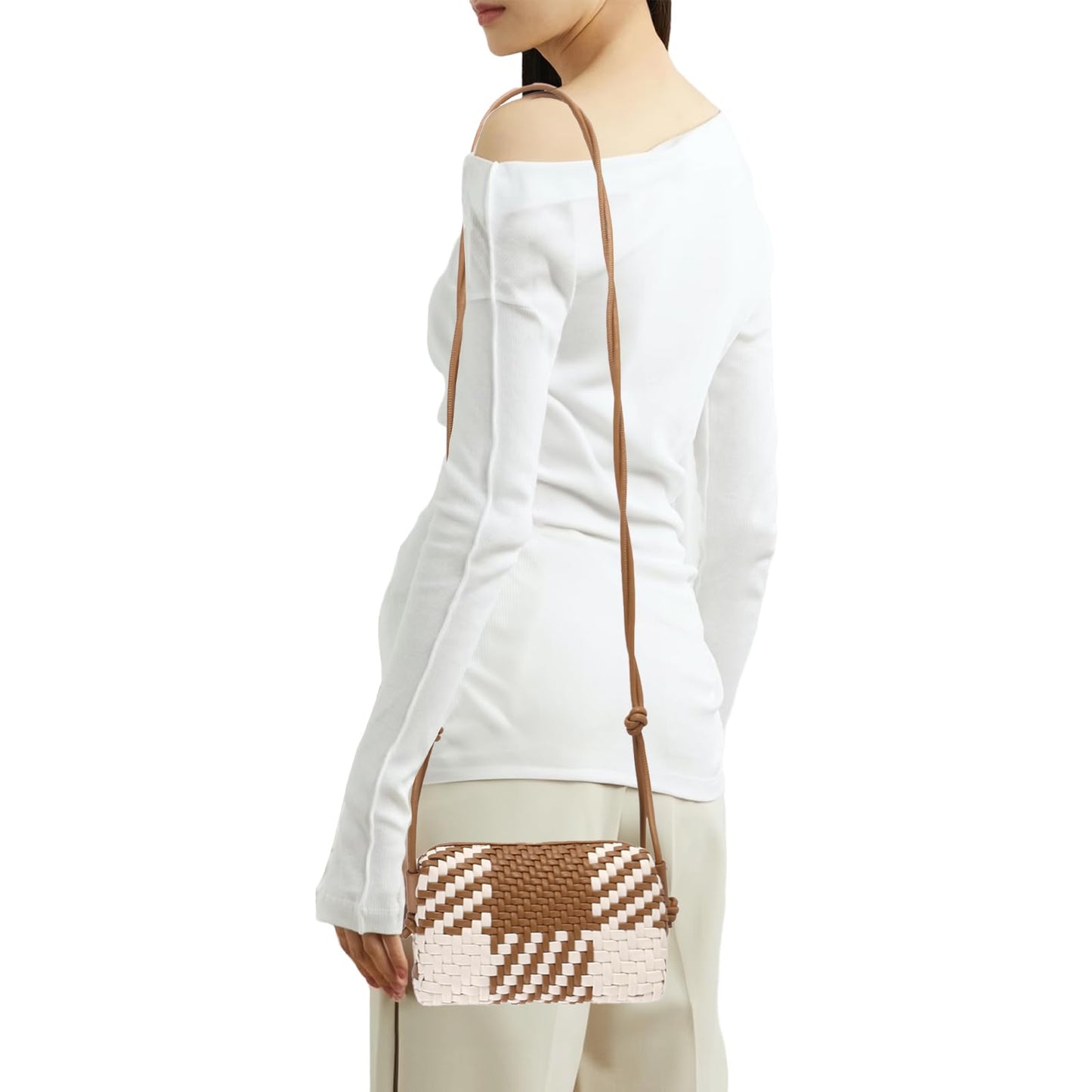 Crossbody Bag for Women Trendy Woven Purse Vegan Leather Small Shoulder Handbags with Strap (Brown and White)