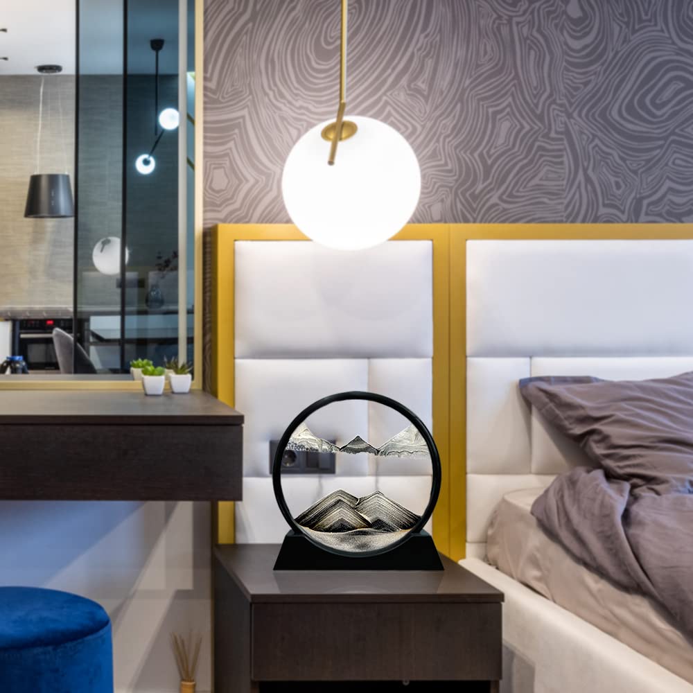 Aoderun Moving Sand Art Picture Round Glass 3D Deep Sea Sandscape in Motion Display Flowing Sand Frame Relaxing Desktop Home Office Work Decor (7", Black)