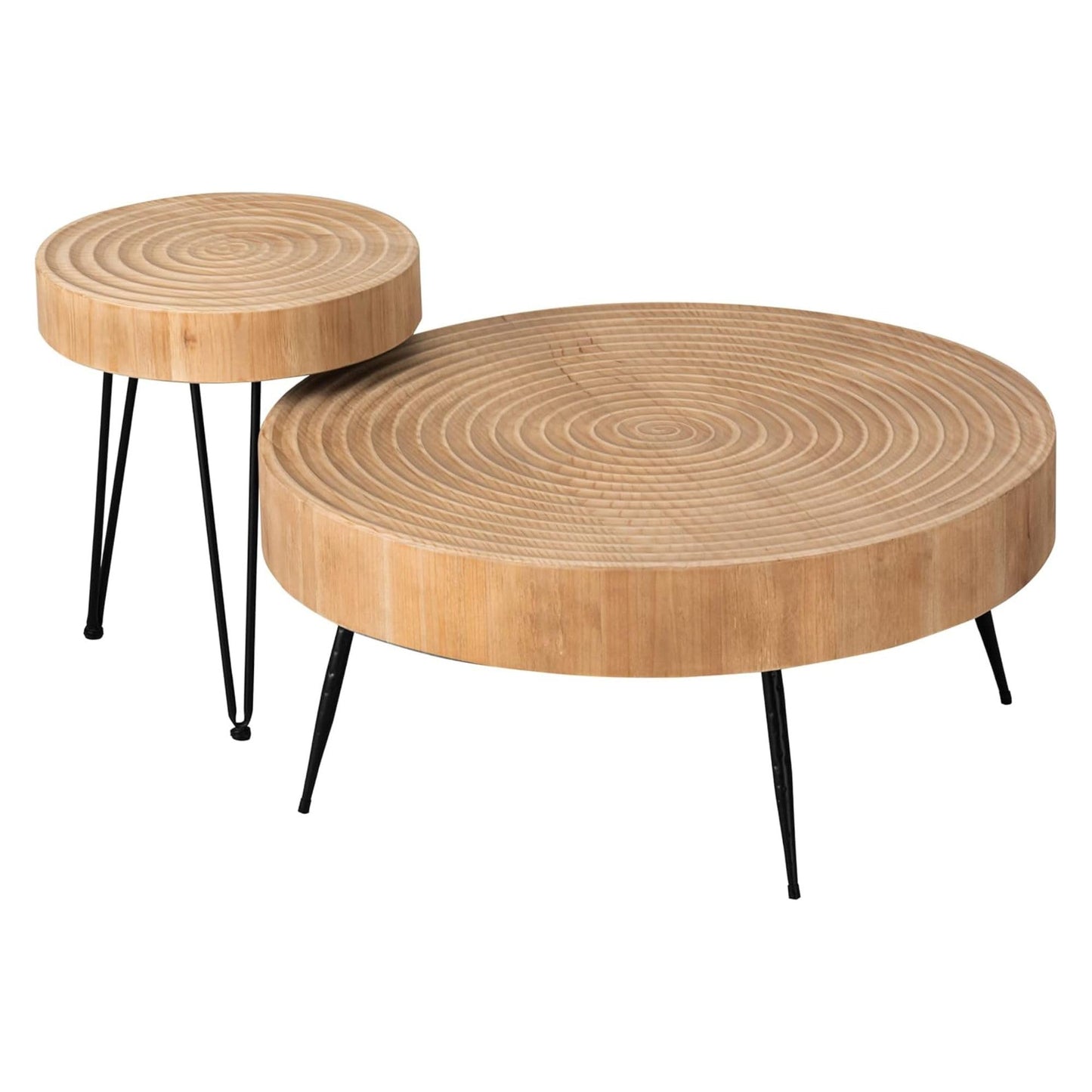2-Piece Modern Farmhouse Living Room Coffee Table Set, Nesting Table Round Natural Finish with Handcrafted Wood Ring Pattern