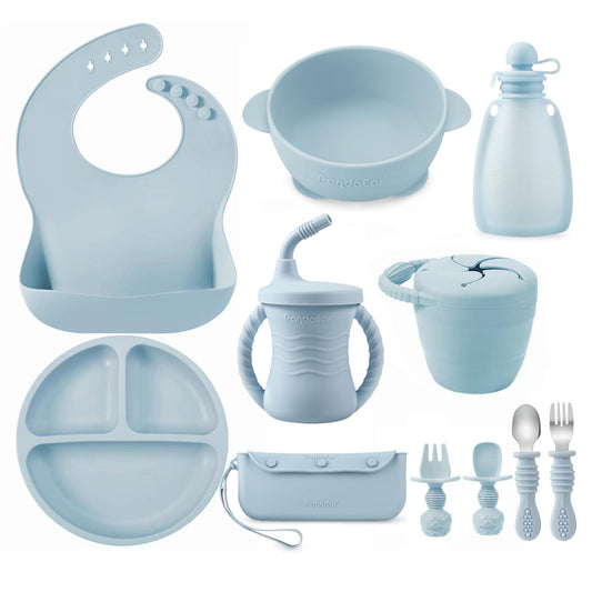 PandaEar Silicone Baby Feeding Set | 11PCS Baby Led Weaning Supplies Self Feeding Utensils | Divided Suction Plate Bowl Bibs Sippy Cup with Baby Food Pouch Snack Container Spoons Forks, Blue