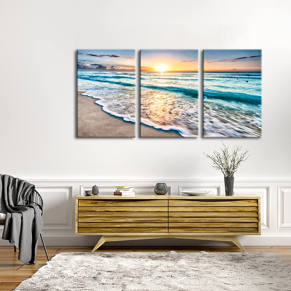 Wieco Art 3 Panels Blue Beach Sunrise White Wave Pictures on Canvas Wall Art Modern Stretched Seascape Canvas Prints Seaview Artwork for Home Office Decorations