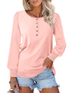 Minetom Women's Long Sleeve Henley Tops Smocked Puff Sleeve Tops Casual Shirts Blouses Pink