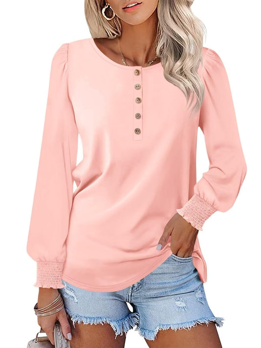 Minetom Women's Long Sleeve Henley Tops Smocked Puff Sleeve Tops Casual Shirts Blouses Pink