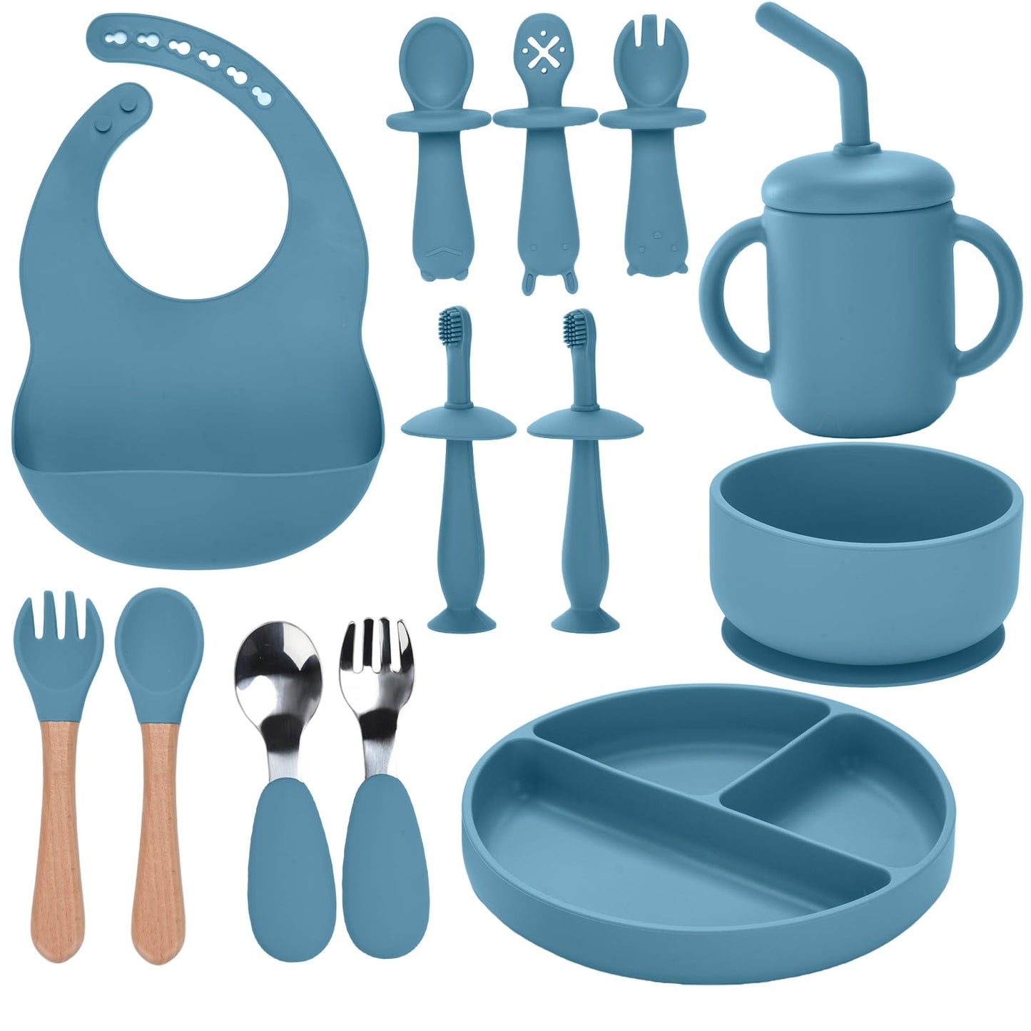Silicone Feeding Set, 13PCS Baby Feeding Essentials with Suction Bowl & Plate, Spoons & Forks, Bib & Cup, Toothbrush, Baby Led Weaning Supplies for 6+ Months, Eating Essentials (Blue)