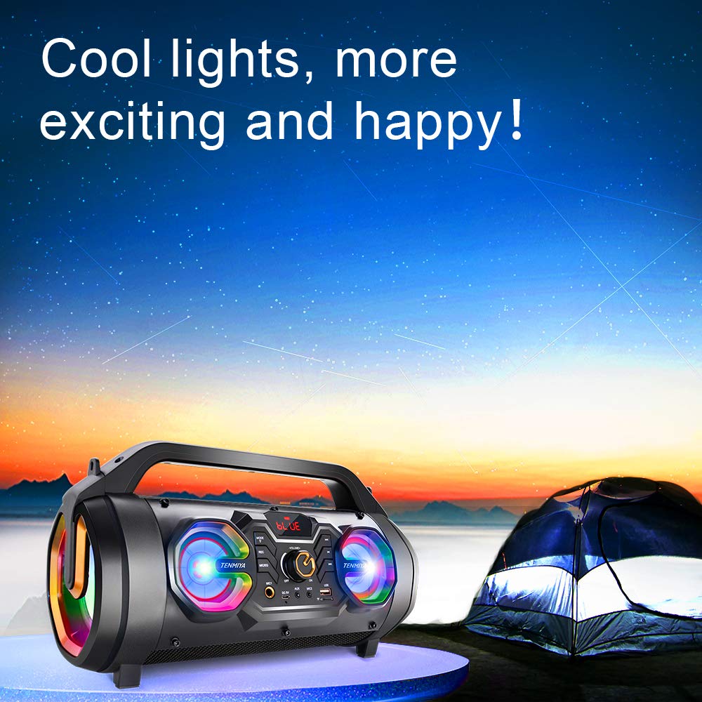 Bluetooth Speaker, 30W Portable Bluetooth Boombox with Subwoofer, FM Radio, RGB Colorful Lights, EQ, Stereo Sound, Booming Bass, 10H Playtime Wireless Party Speaker for Home, Outdoor, Travel, Camping