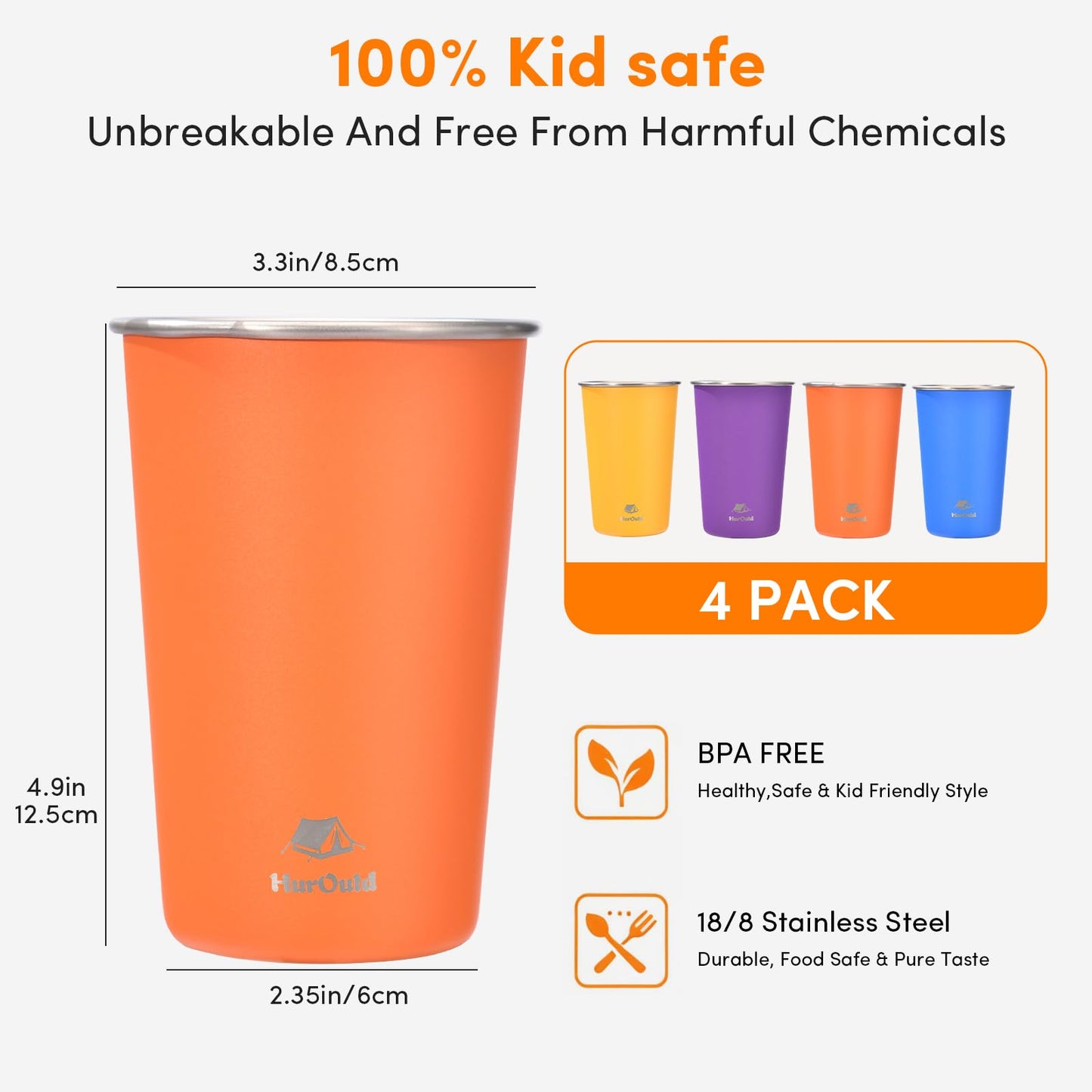 HurOutd 4 Pack Stainless Steel Cups 16oz - Colorful Stackable Metal Drinking Glasses for Camping, Travel, Shatterproof Tumblers