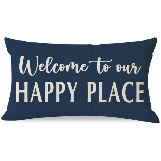 HERHOME Decorative Throw Pillow Cover 12x20 Inch Welcome to Our Happy Place Blue Outdoor Farmhouse Coastal Front Porch Patio Decor Lumbar Cushion Case Decoration for Living Room Sofa Couch