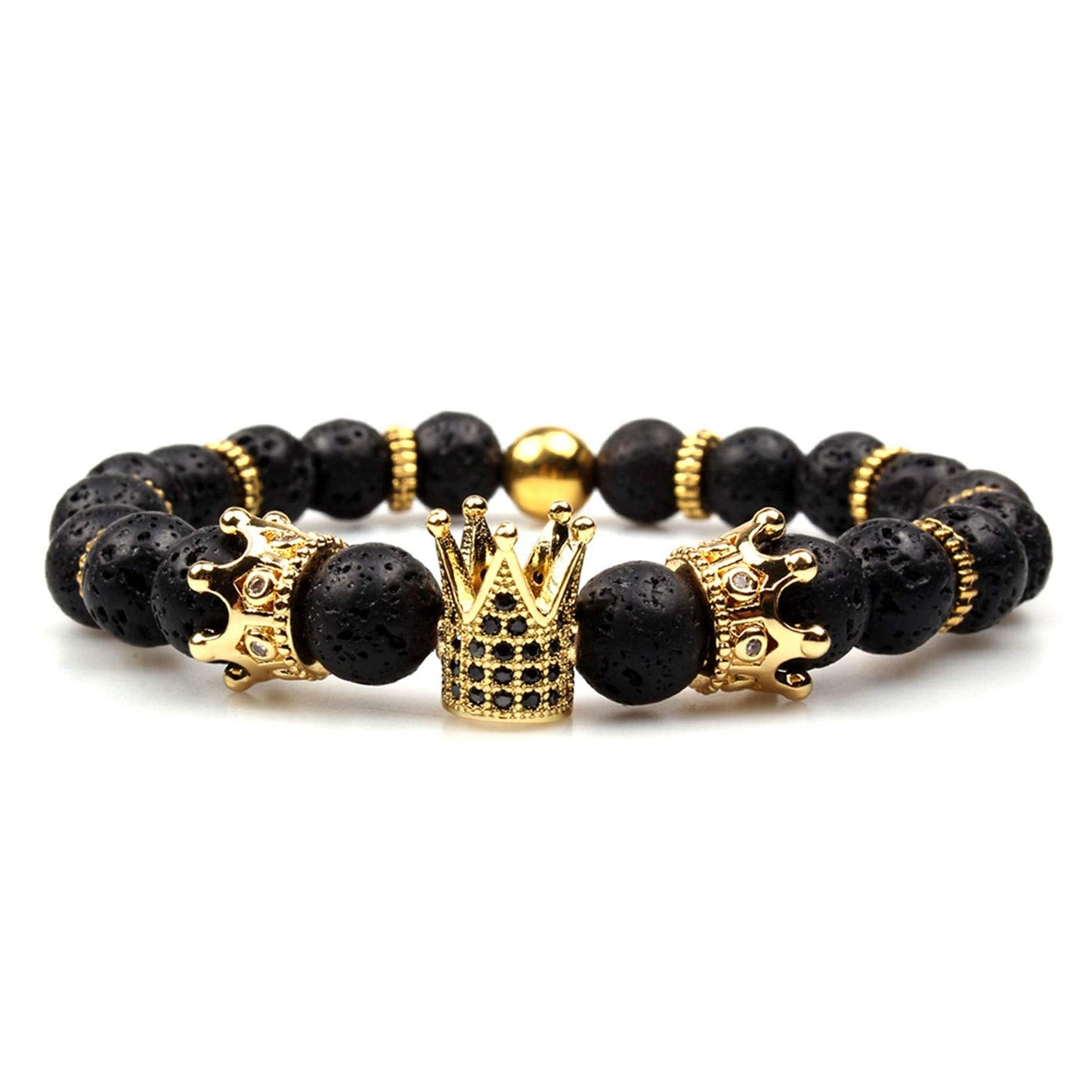 GVUSMIL Imperial Crown Bead Bracelet King&Queen Luxury Charm Couple Jewelry for Women Men (Black Lava Rock)