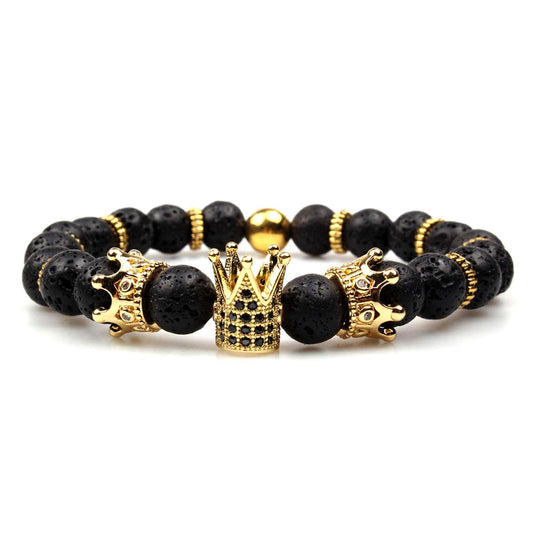 GVUSMIL Imperial Crown Bead Bracelet King&Queen Luxury Charm Couple Jewelry for Women Men (Black Lava Rock)
