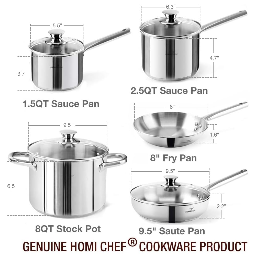 HOMICHEF 14-Piece Nickel Free Stainless Steel Cookware Set - Nickel Free Pots and Pans Set - Non-Toxic, Healthy Induction Cookware