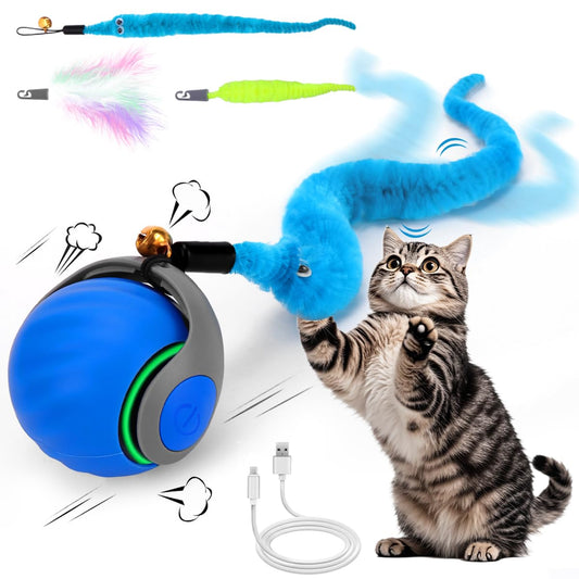Interactive Cat Toy Ball - Speedy Cat Toys for Indoor Cats with Feather Tails for Chasing, Moving Stimulation Smart Cat Toy for Enrichment, Motion Activated Automatic Rolling Toys to Keep Them Busy