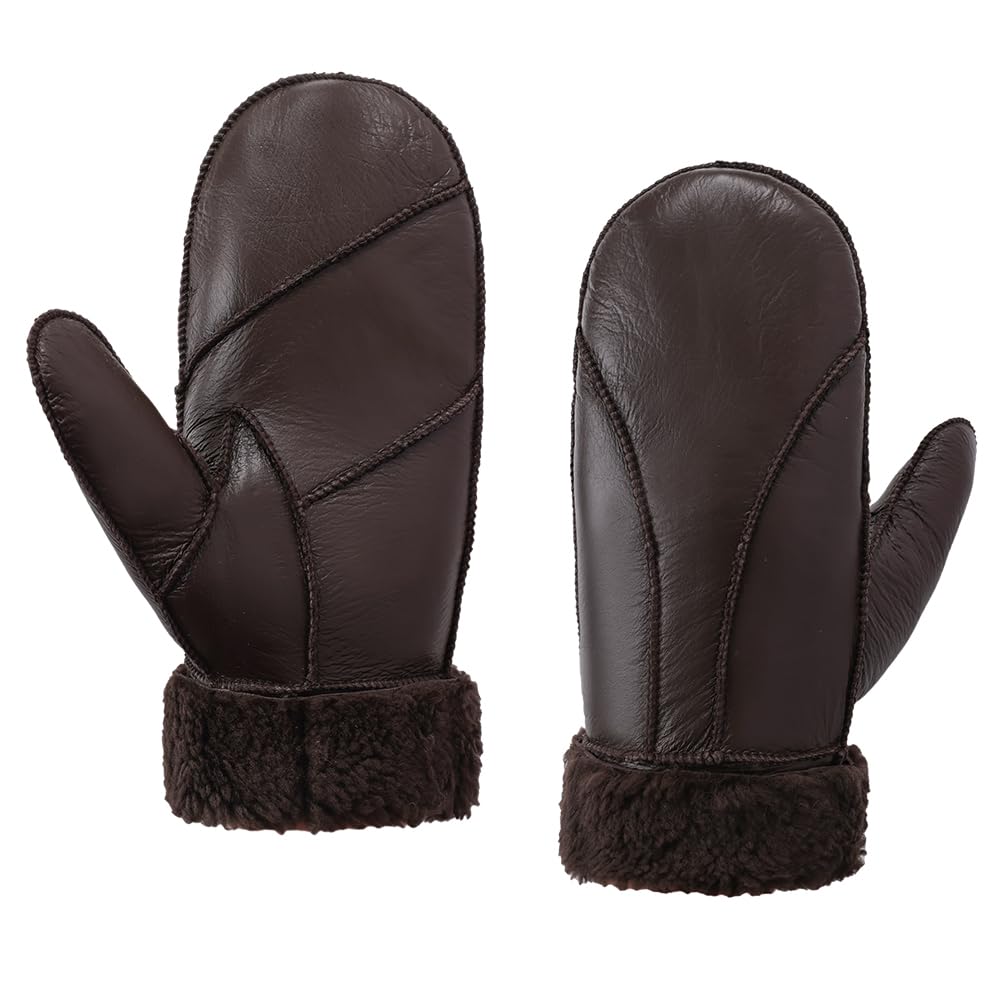 MGGMOKAY Women Leather Mittens Shearling Sheepskin Fur Lined Winter Mitten Gloves