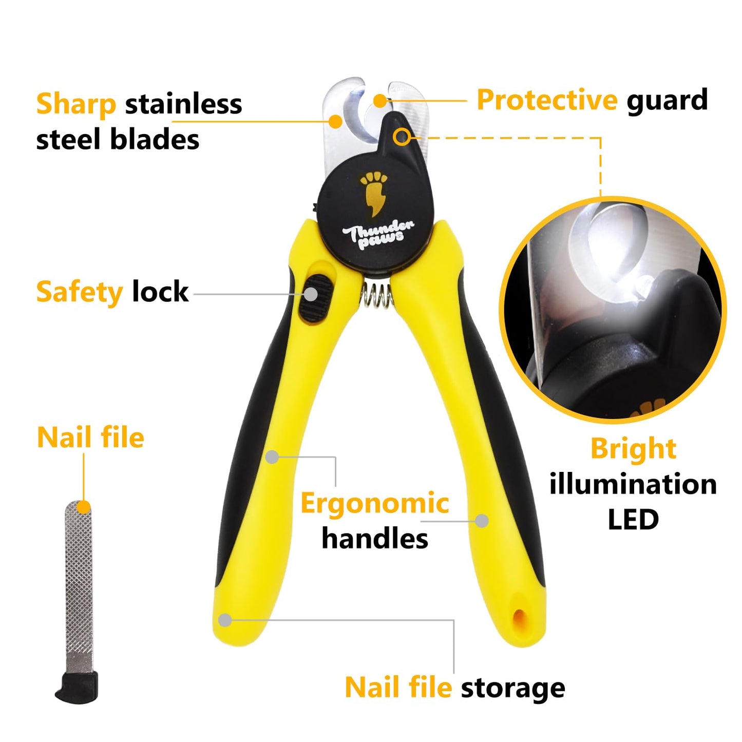 Thunderpaws LED Dog Nail Clippers with Light, Trimmers with Protective Guard, Quick Sensor, Safety Lock and Nail File - Suitable for Large and Small Dogs & Cats (Yellow, LED)