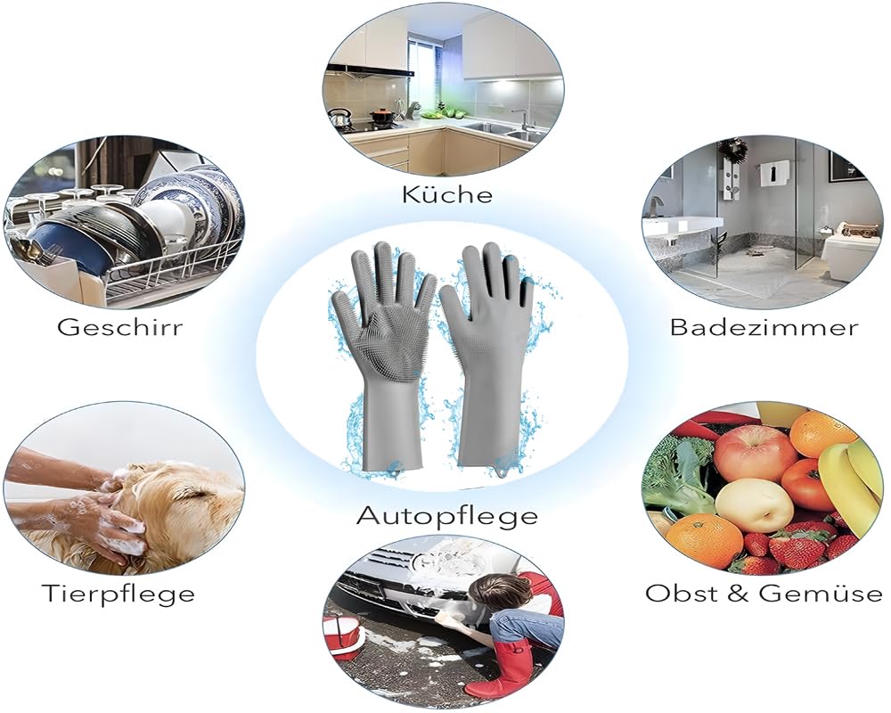 PEOKPIPLE 2 pairs Silicone Dishwashing & Pet Grooming Gloves - 2-in-1 Heat Resistant Gloves with High-Density Teeth, Enhanced Five Finger Design for Bathing, Cleaning Dishes, Cars, Dogs & Cats (Gray)