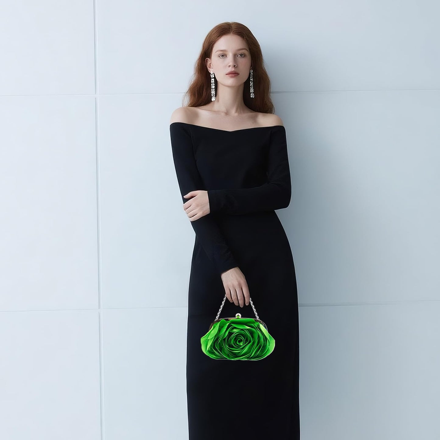 Little Floral Clutch Purse for Women - Elegant Rose Petal Evening Bag with Detachable Chain for Wedding, Gala, Prom, Green