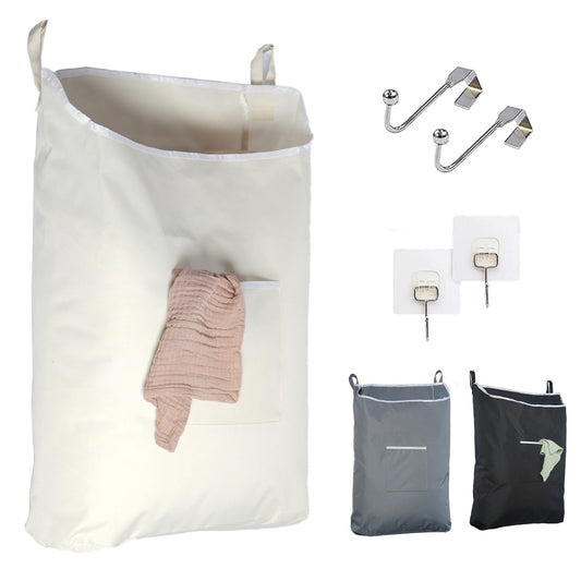 The Fine Living Co. Hanging Laundry Hamper with Over Door Hooks & Adhesive, Durable Space Saving Laundry Bag with Zipper and Wide Open Top, Hanging Dorm Laundry Hamper 18"x4.75"x28" (Beige-L)