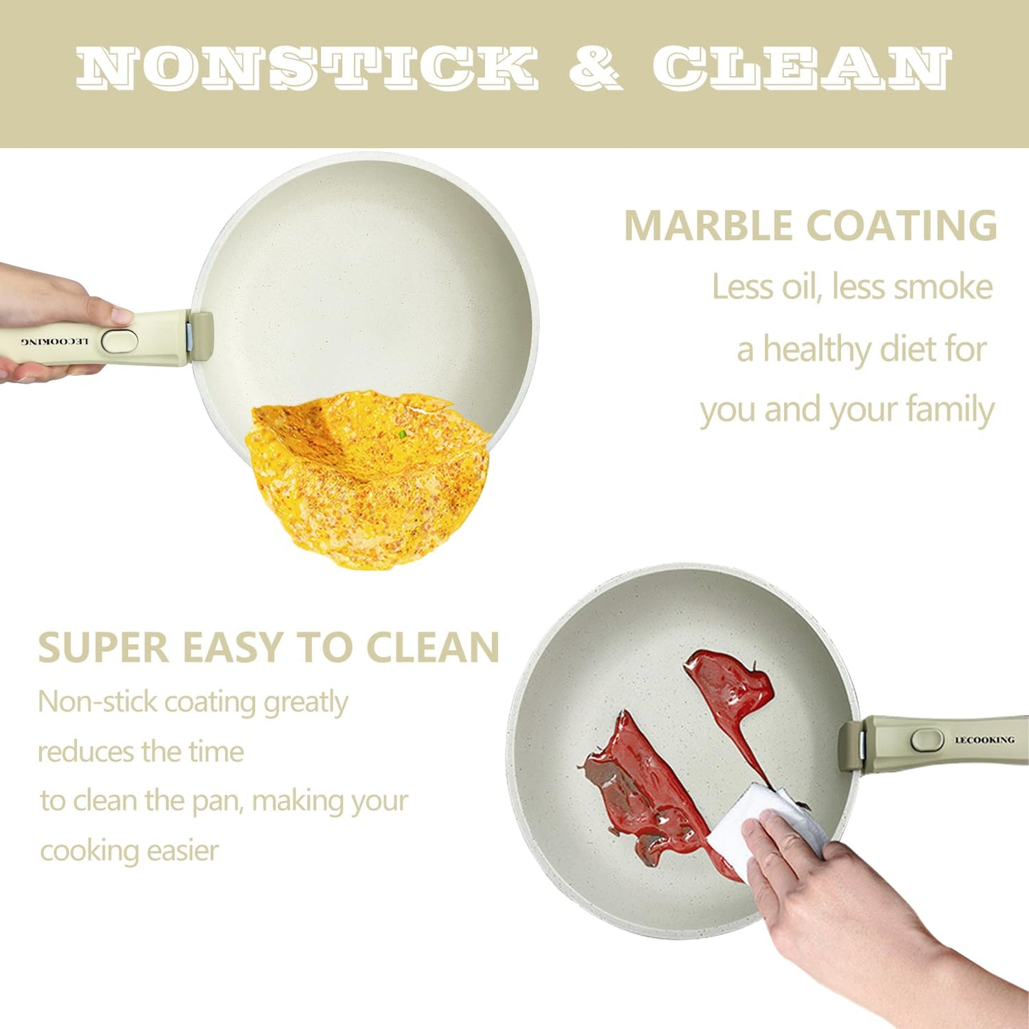 LECOOKING 11 PCS Pots and Pans Set, Cookware set with removable Handles, Dishwasher and oven Safe, Detachable Cooking Set, Induction and Gas Stove kitch set, White