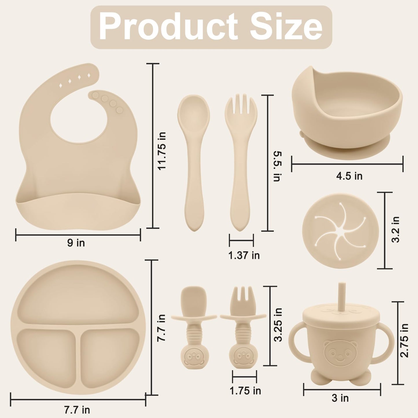 Munlinder Silicone Baby Feeding Set | Baby Led Weaning Supplies Includes Suction Bowls and Divided Plates, Adjustable Bib, Baby Utensils Spoons and Forks,Cup | Baby Feeding Essentials (Beige)