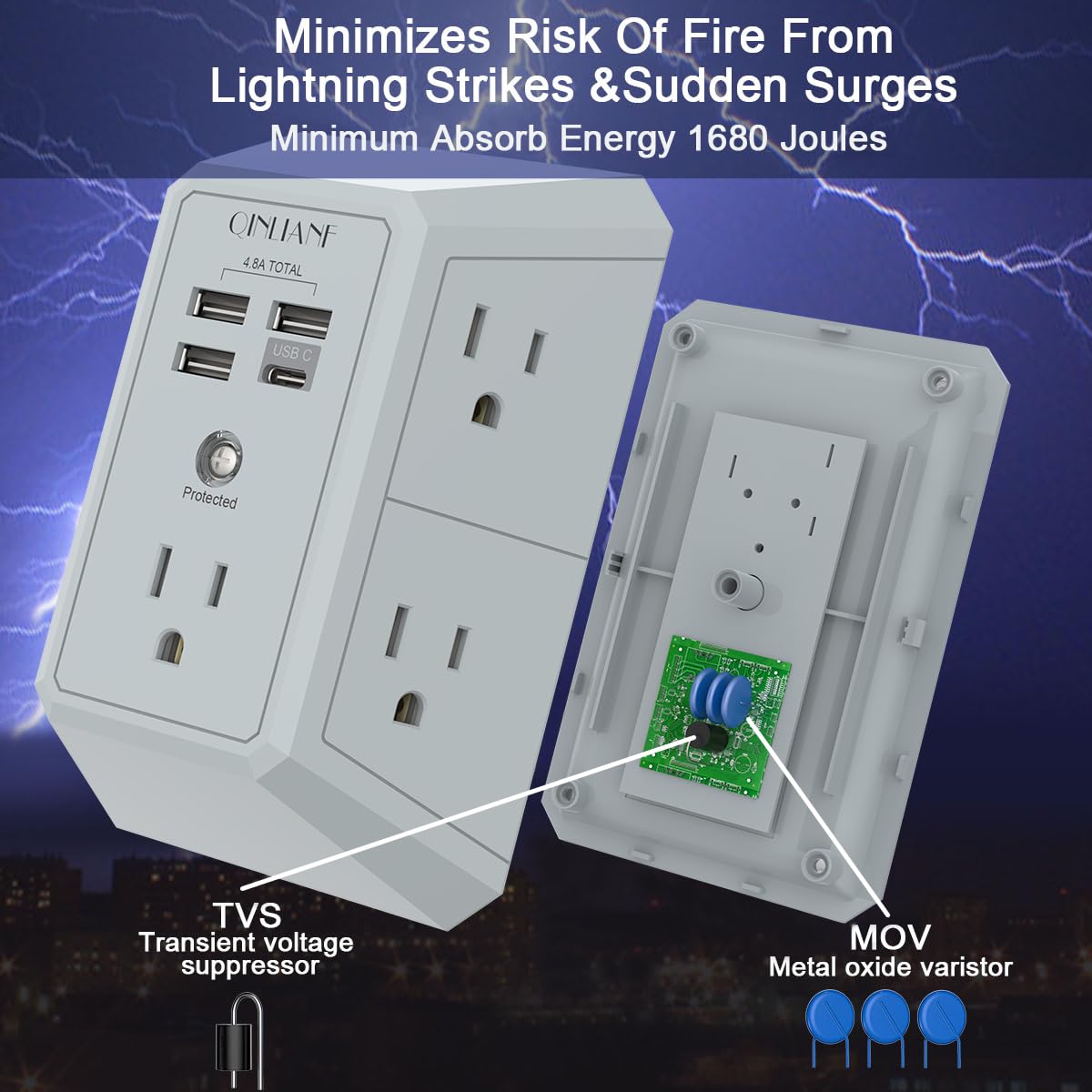 USB Wall Charger, Surge Protector, QINLIANF 5 Outlet Extender with 4 USB Charging Ports (4.8A Total) 3-Sided 1680J Power Strip Multi Plug Outlets Wall Adapter Spaced for Home Travel Office(3U1C),Grey