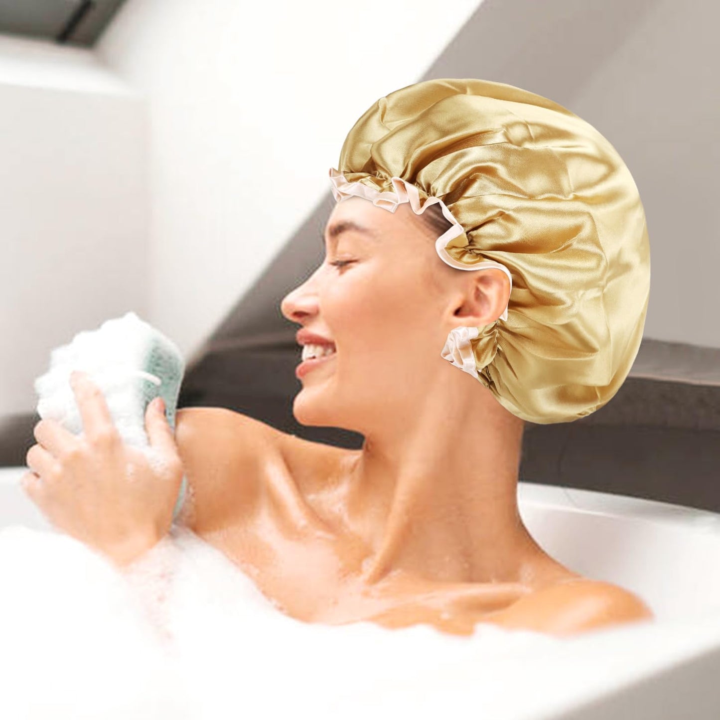 Lawie 4 PACK Double Layer Waterproof Reusable Satin Shower Caps with Adjustable Bath Hair Caps Stretchy PEVA Bathing Hats Bonnets Curly Long Braids Hair for Women Girls (pack 1 of solid colors)