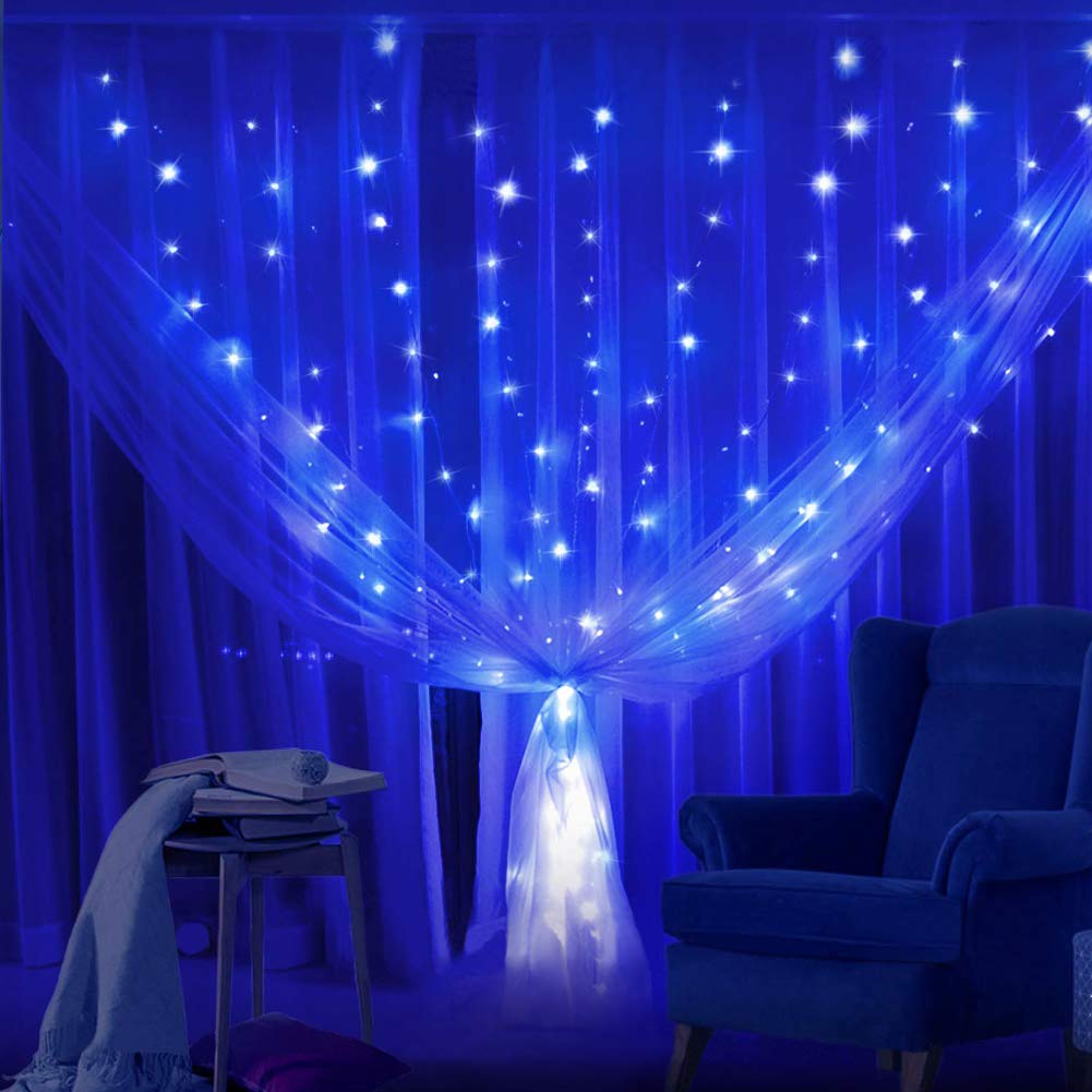 HEYFUNi Curtain Lights,304L 9.8ftX9.8ft 30V 8Modes Safety Window Lights with Memory for Home Wedding Christmas Party Patio Lawn Garden Bedroom Outdoor Indoor Wall Decorations (304LED, Blue) 1