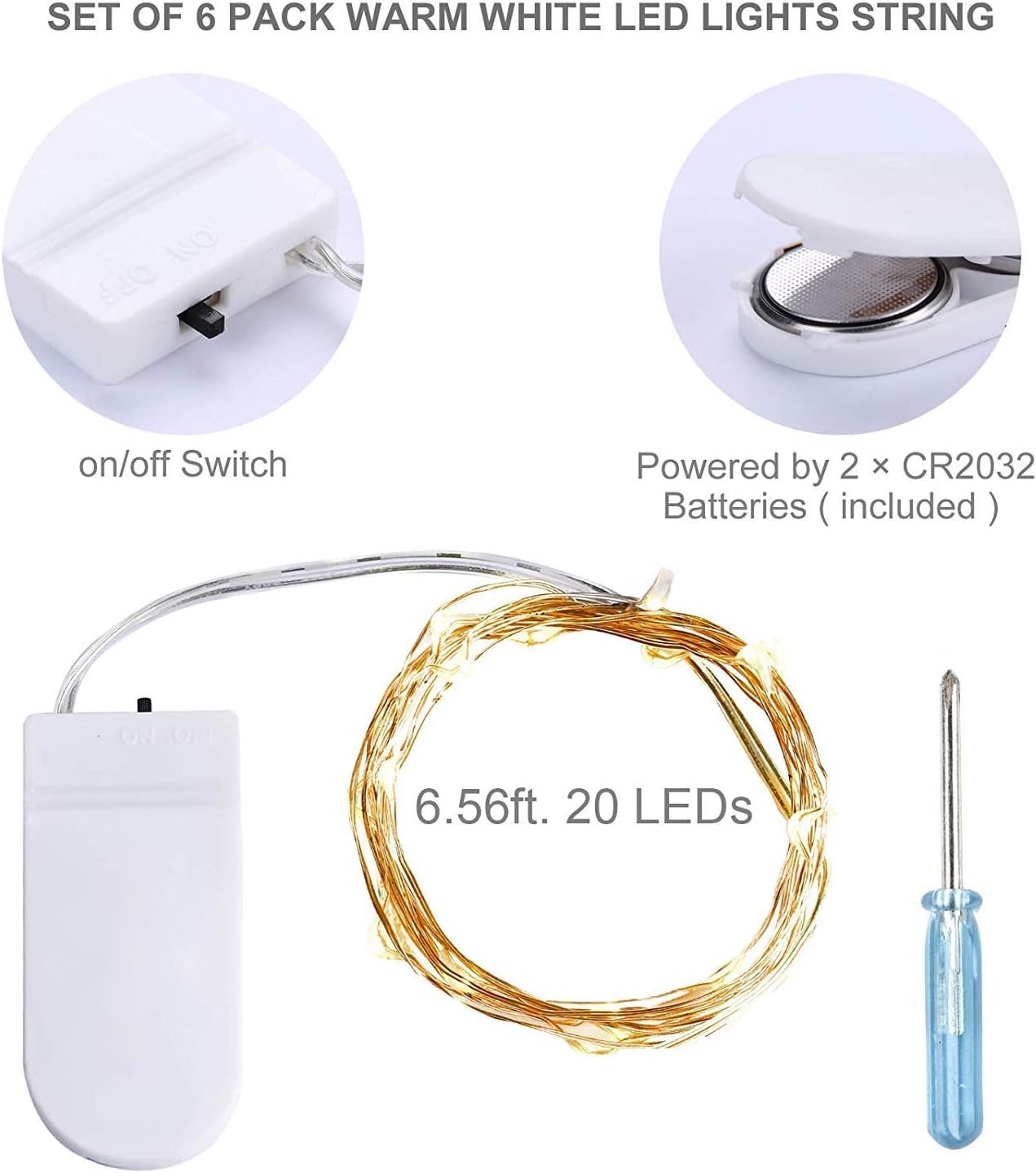 TingMiao 6 Pack Fairy Lights Battery Operated 7.2 ft 20 LED Mini String Lights Waterproof Copper Wire Firefly Starry Lights for Wedding Bedroom Party Christmas Decor(Warm White)