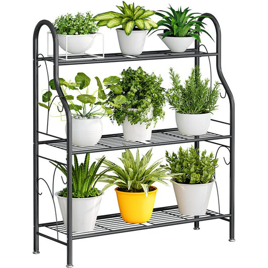 SORCEDAS Plant Stand Indoor Outdoor Plant Stands 3 Tier Metal Corner Plant Shelf Multiple Holder for Living Room Balcony Garden, Dark Grey